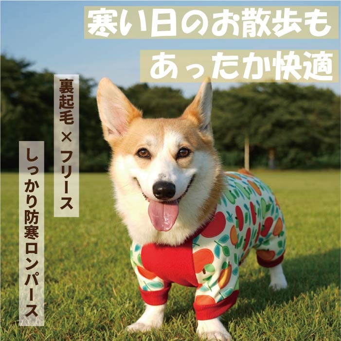 【スタイプレゼント対象商品】コーギー・バセット [全32size展開]<br>裏起毛プリントロンパース フルーツ/ラ･フランス