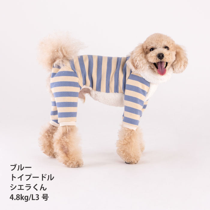 【スタイプレゼント対象商品】小型～超大型 ダックス 胴長 [全32size展開]<br>裏起毛フード付きボーダーロンパース