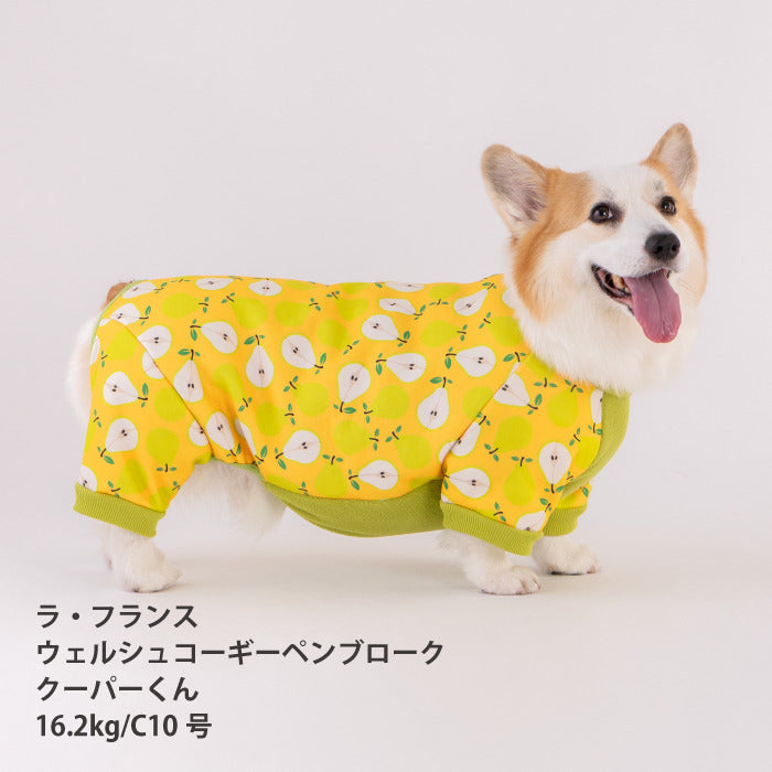 【スタイプレゼント対象商品】コーギー・バセット [全32size展開]<br>裏起毛プリントロンパース フルーツ/ラ･フランス