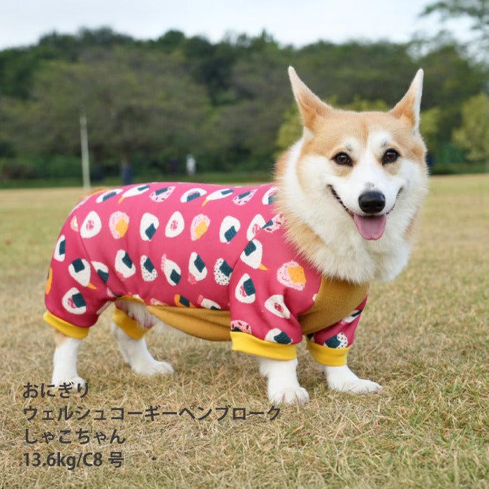 【スタイプレゼント対象商品】コーギー・バセット [全32size展開]<br>裏起毛プリントロンパース おにぎり/パッチワーク