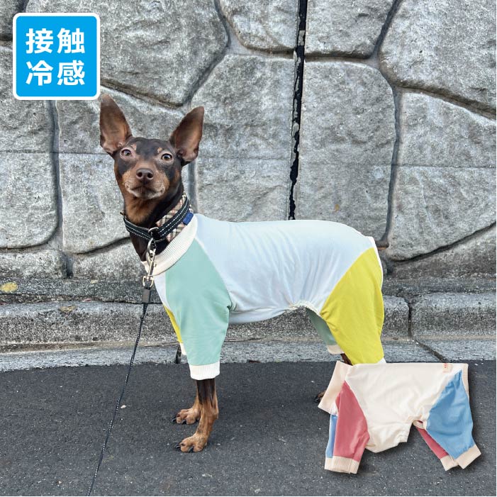 <font color="red">30％OFFセール</font><br><font size="3">小型犬・胴長</font> <br>接触冷感&濡らして冷たい<br>カラーブロッククールカバーオール