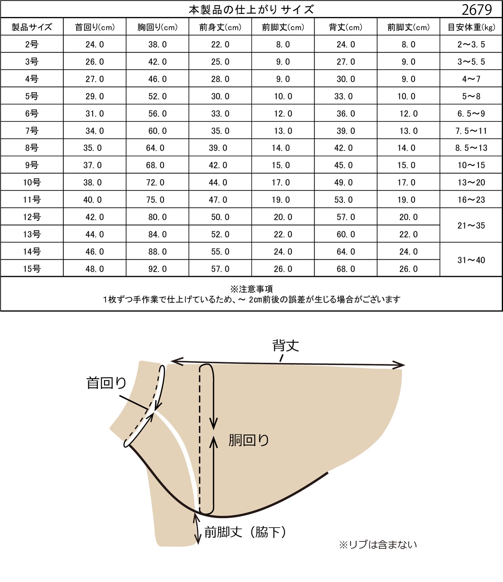 小型～大型 ボーダーロングスリーブシャツ 仕上がりサイズ表