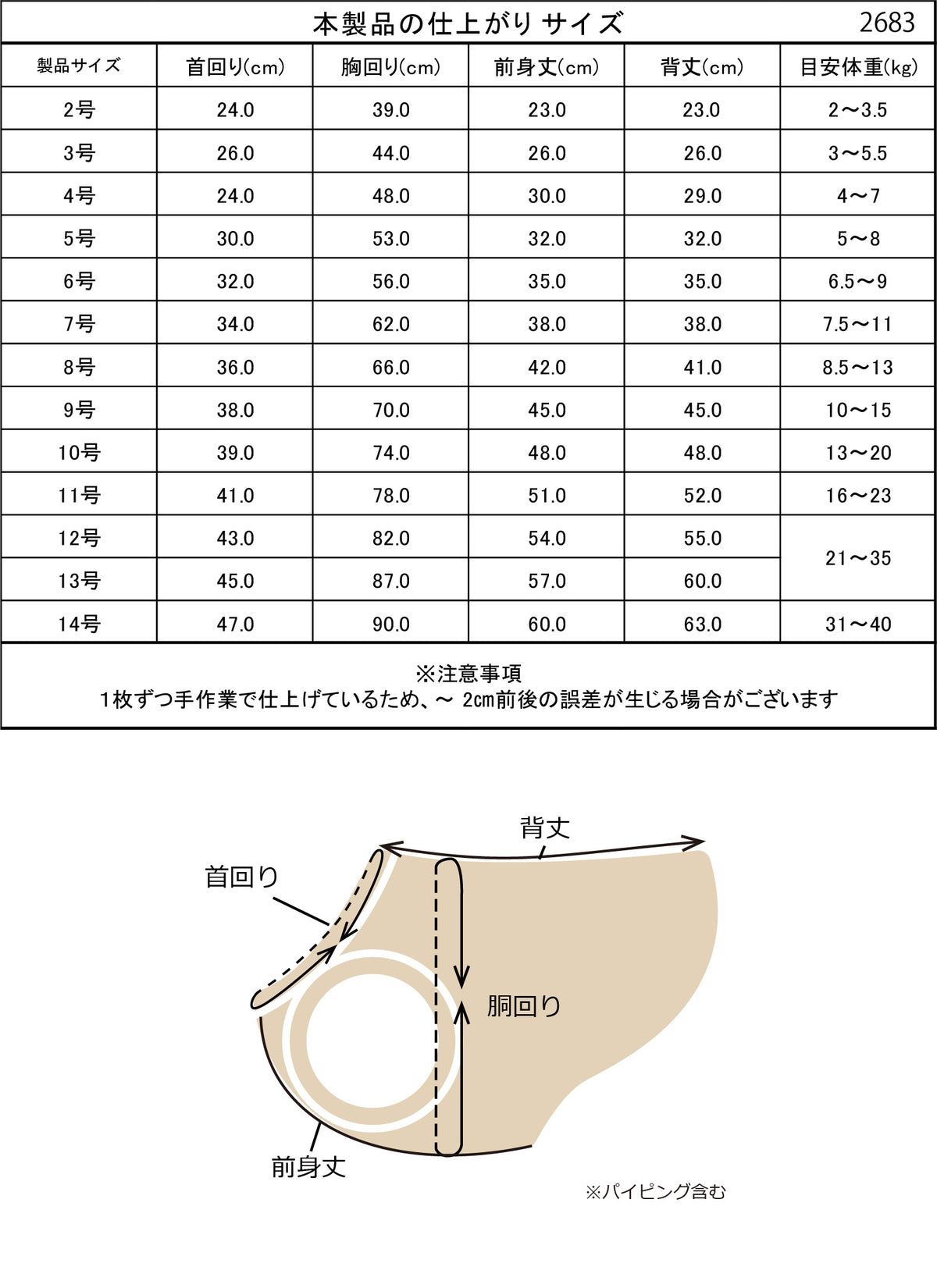 小型～大型 スエードライクコート 仕上がりサイズ表