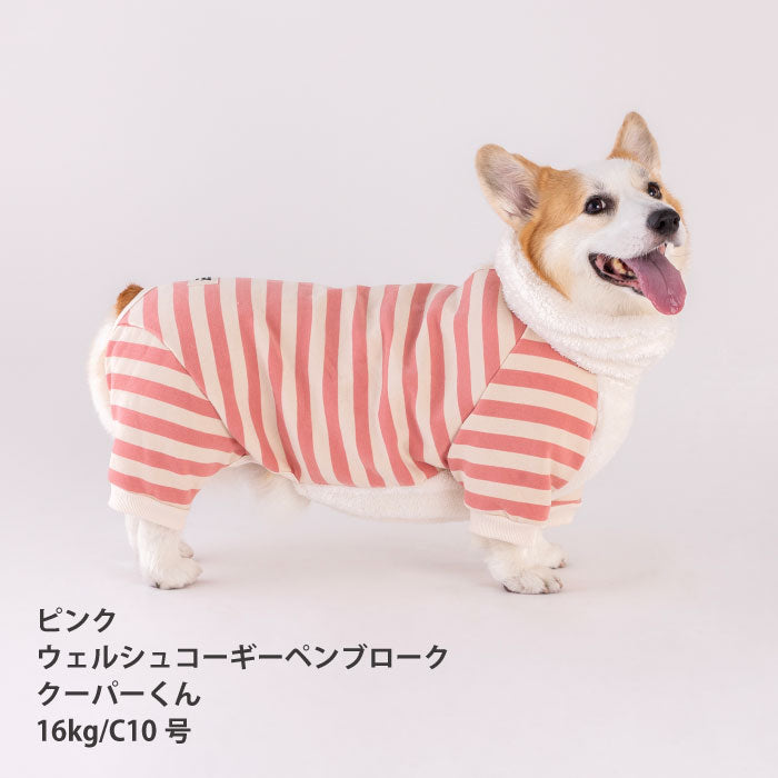 【スタイプレゼント対象商品】コーギー・バセット [全32size展開]<br>裏起毛フード付きボーダーロンパース - VERY-PET