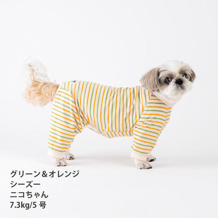 <font size="2">小型～超大型 ダックス 胴長 [全30size展開]</font><br>BORDERS CLUB ロンパース トリコロール/グリーン＆オレンジ - VERY-PET
