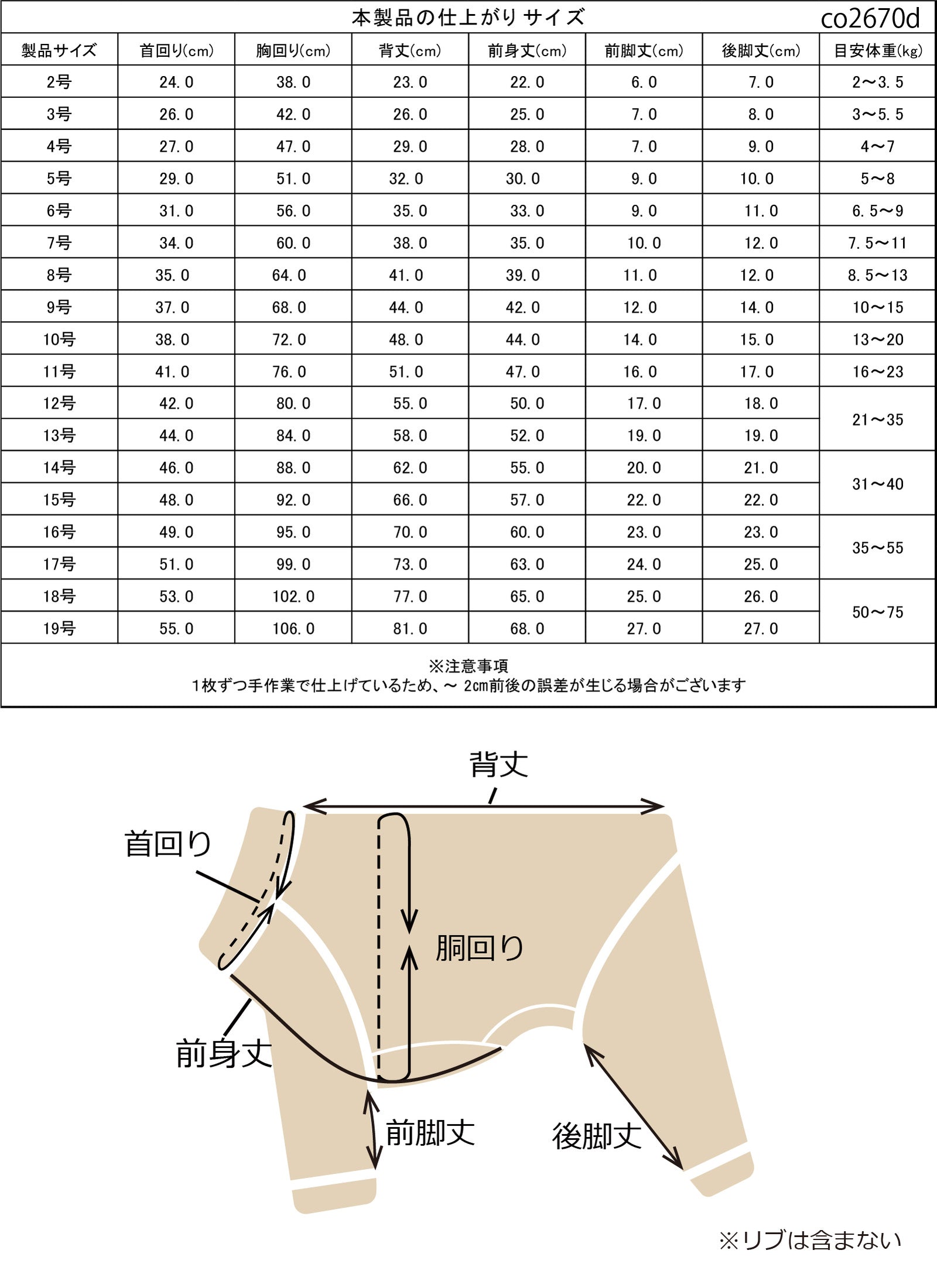 小型～超大型 ドットプリント裏毛ロンパース 仕上がりサイズ表