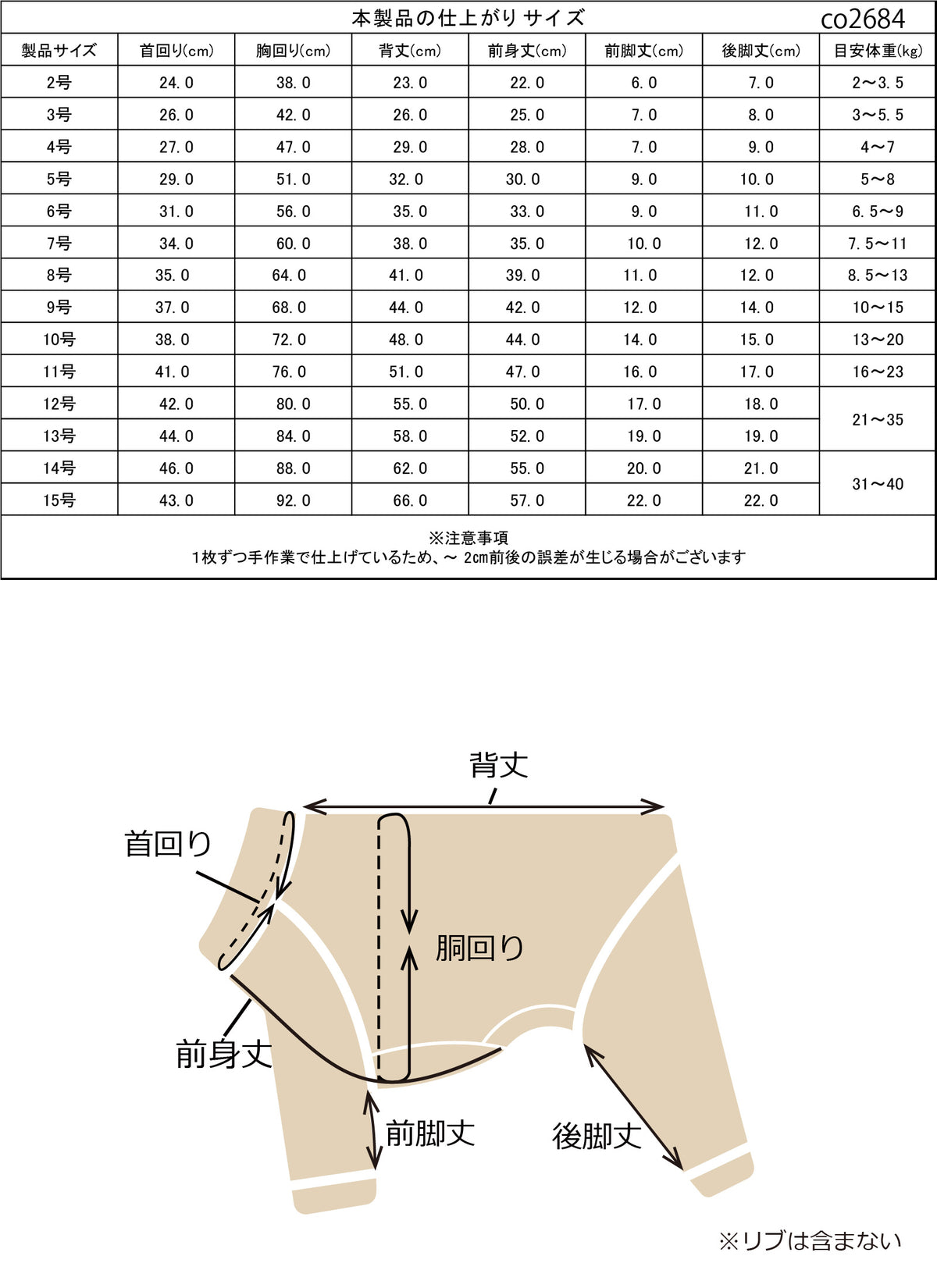 小型～大型 ボアフリースロンパース 仕上がりサイズ表